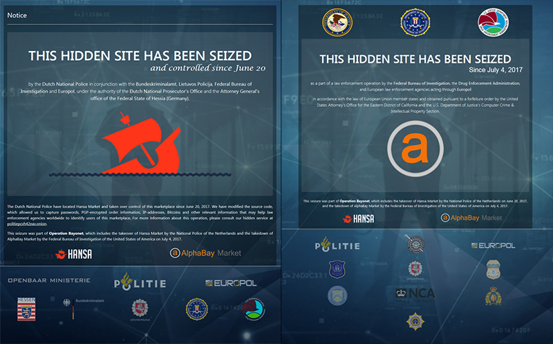 Так сейчас выглядят главные страницы двух официально закрытых правоохранительными органами «темных сайтов» — Hansa и AlphaBay