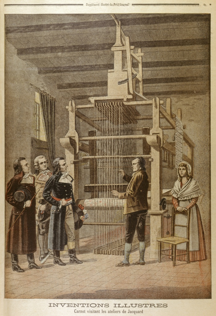 Жаккар демонстрирует одну из ранних версий своего ткацкого станка наполеоновскому министру Лазару Карно Репродукция из Le Petit Journal, 1901 г.