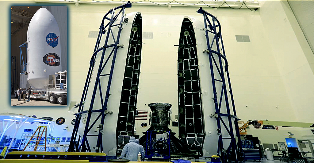 NASA // Размещение аппарата TESS внутри головного обтекателя Falcon 9