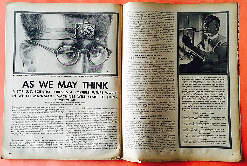 federiconovaro.eu // Эссе Буша «Как мы можем мыслить» (As We May Think), в котором он задался вопросом, что будут делать ученые после войны, и предсказал появление интернета. «Life» 1945 год