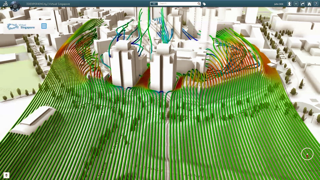 Иллюстрация: Dassault Systèmes // Анализ виртуальных воздушных потоков позволяет позволяет проектировать климатическую ситуацию в разных районах города